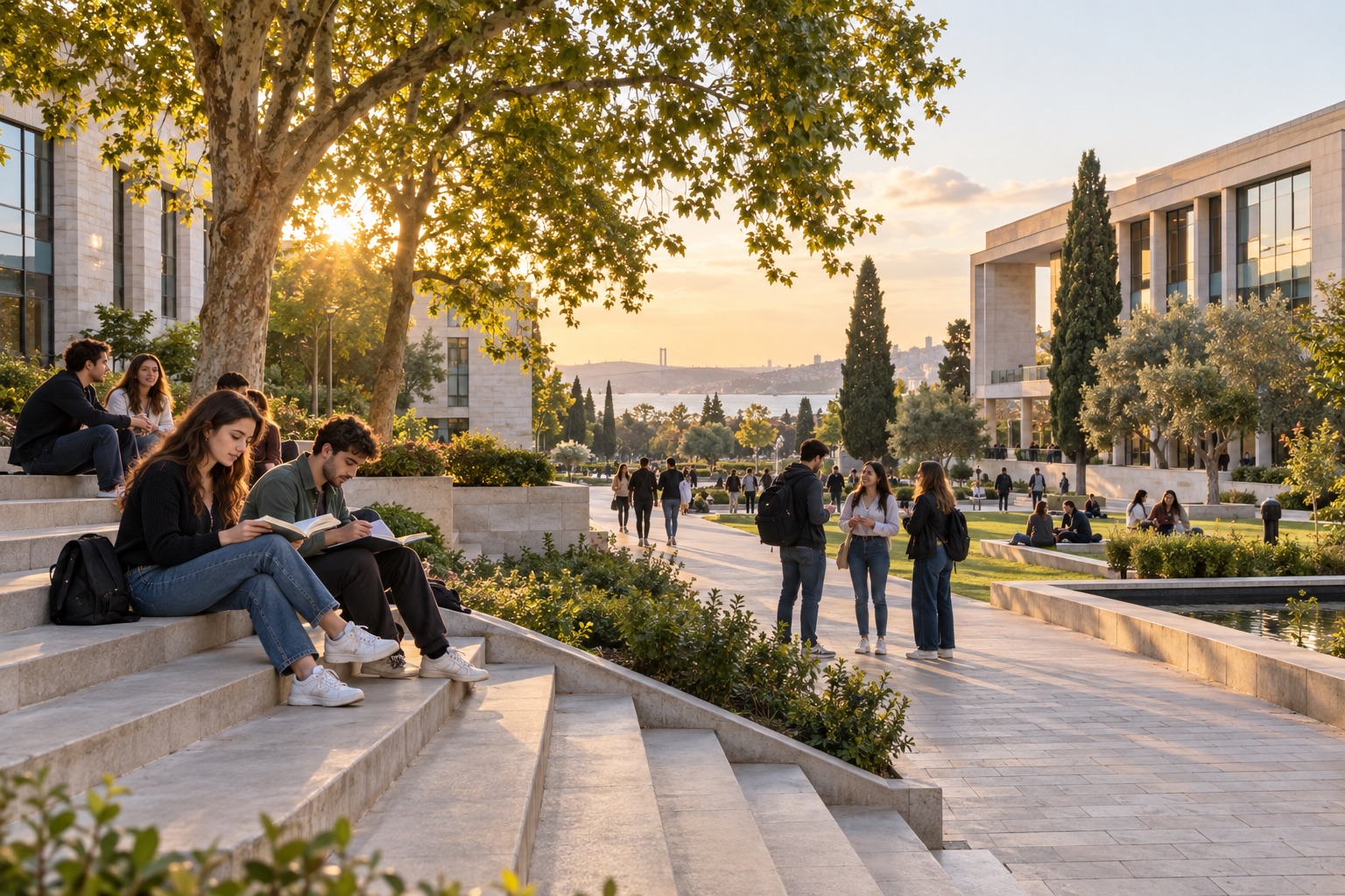 Yeşil bir üniversite yerleşkesinde öğrenci yaşamı