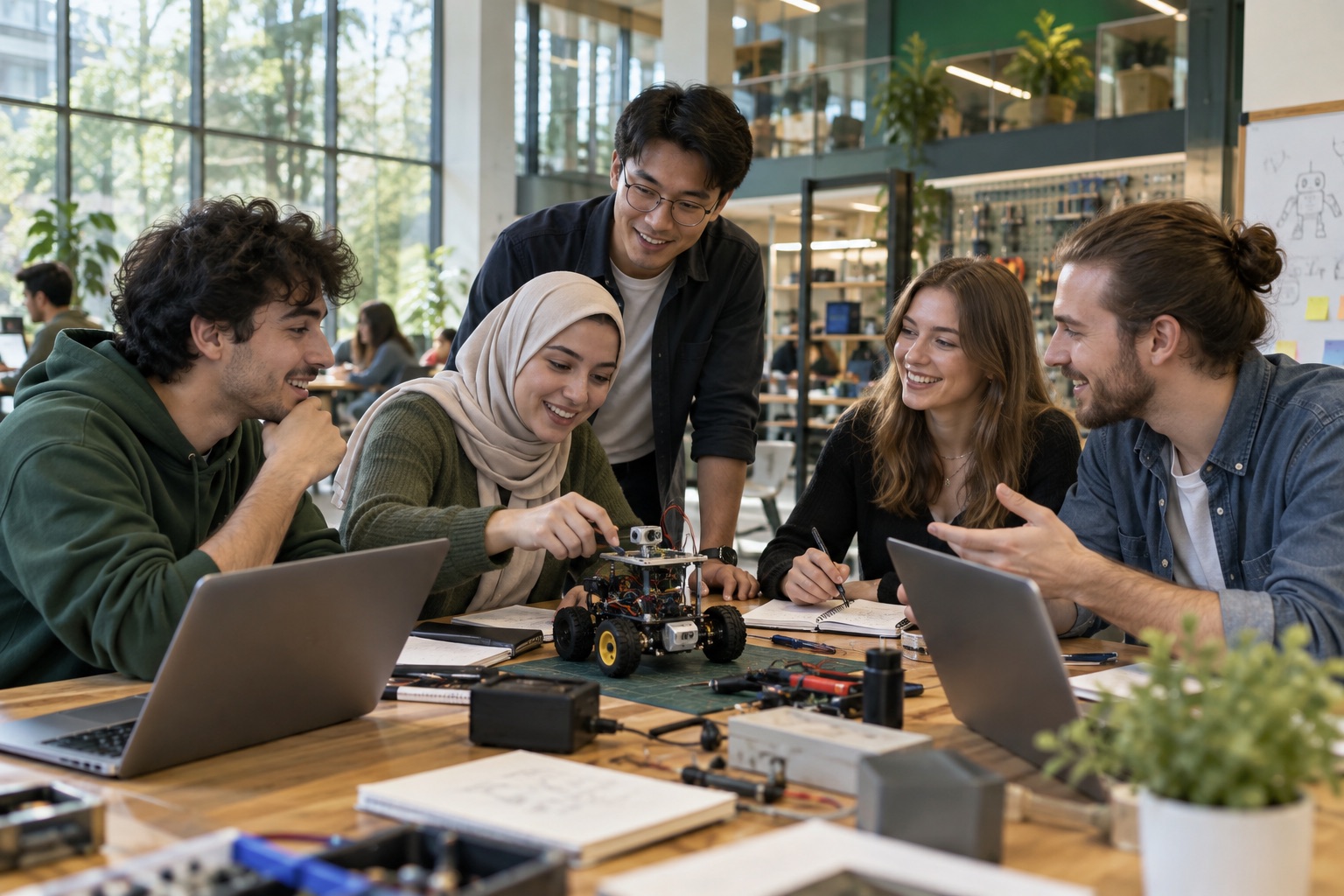 Üniversite atölyesinde proje geliştiren öğrenciler